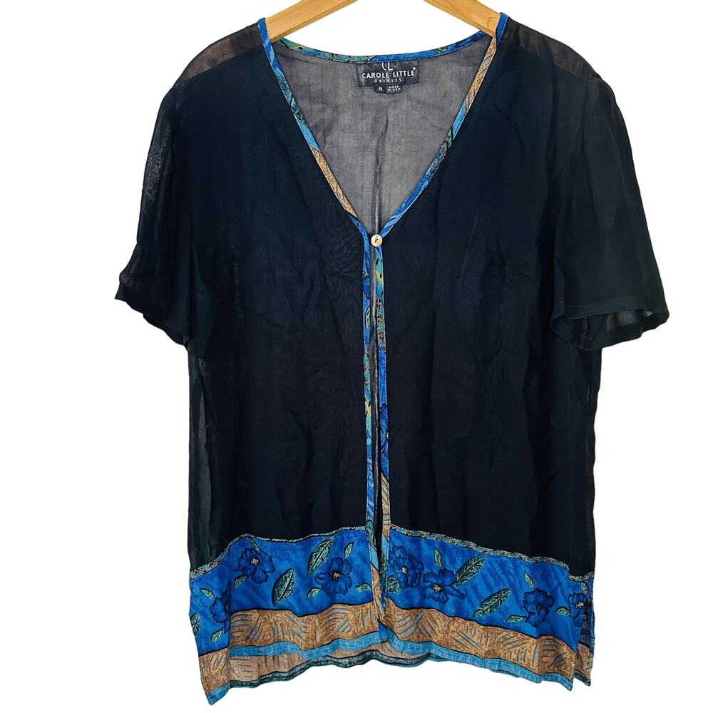 Carole Little Dress Short Sleeve Sheer Floral Piped Trim Cardigan Wrap Size 8
